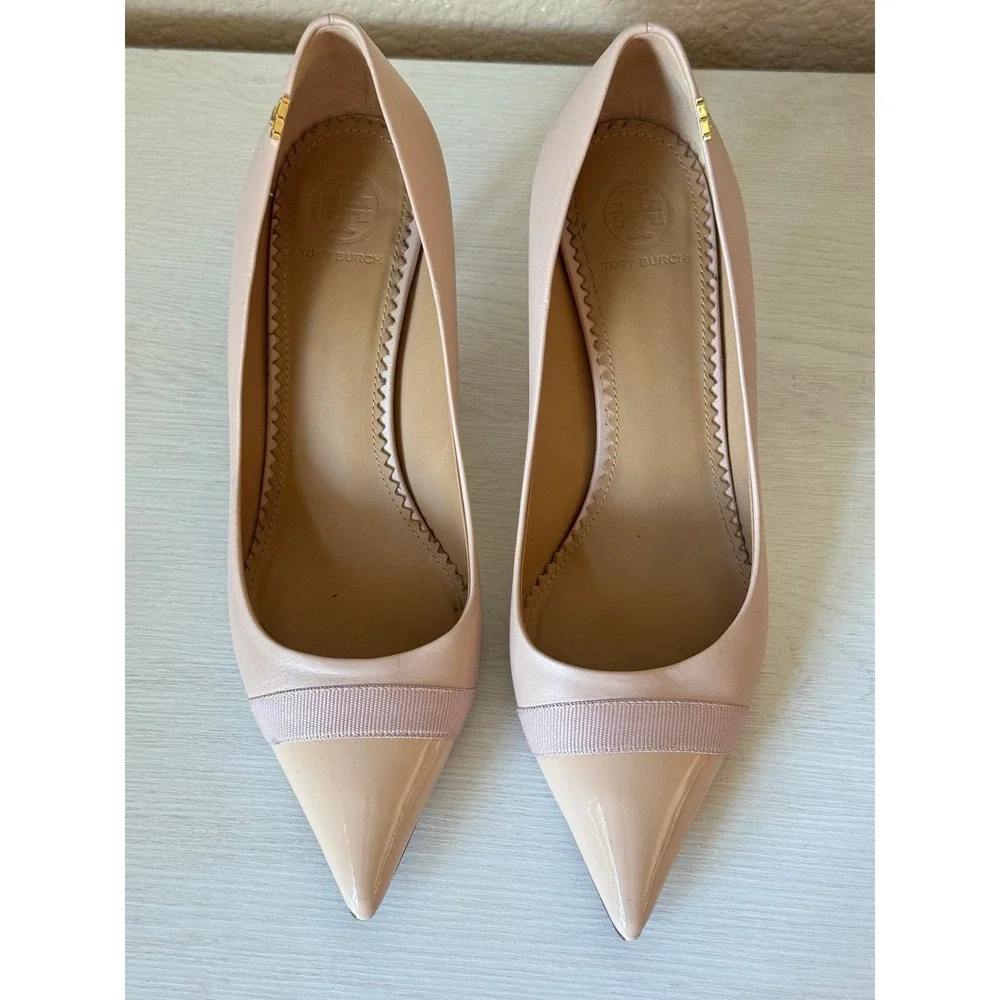 Tory Burch Chelsea Cap-Toe Pumps Blush Pink Leather Gold Logo Heels 11